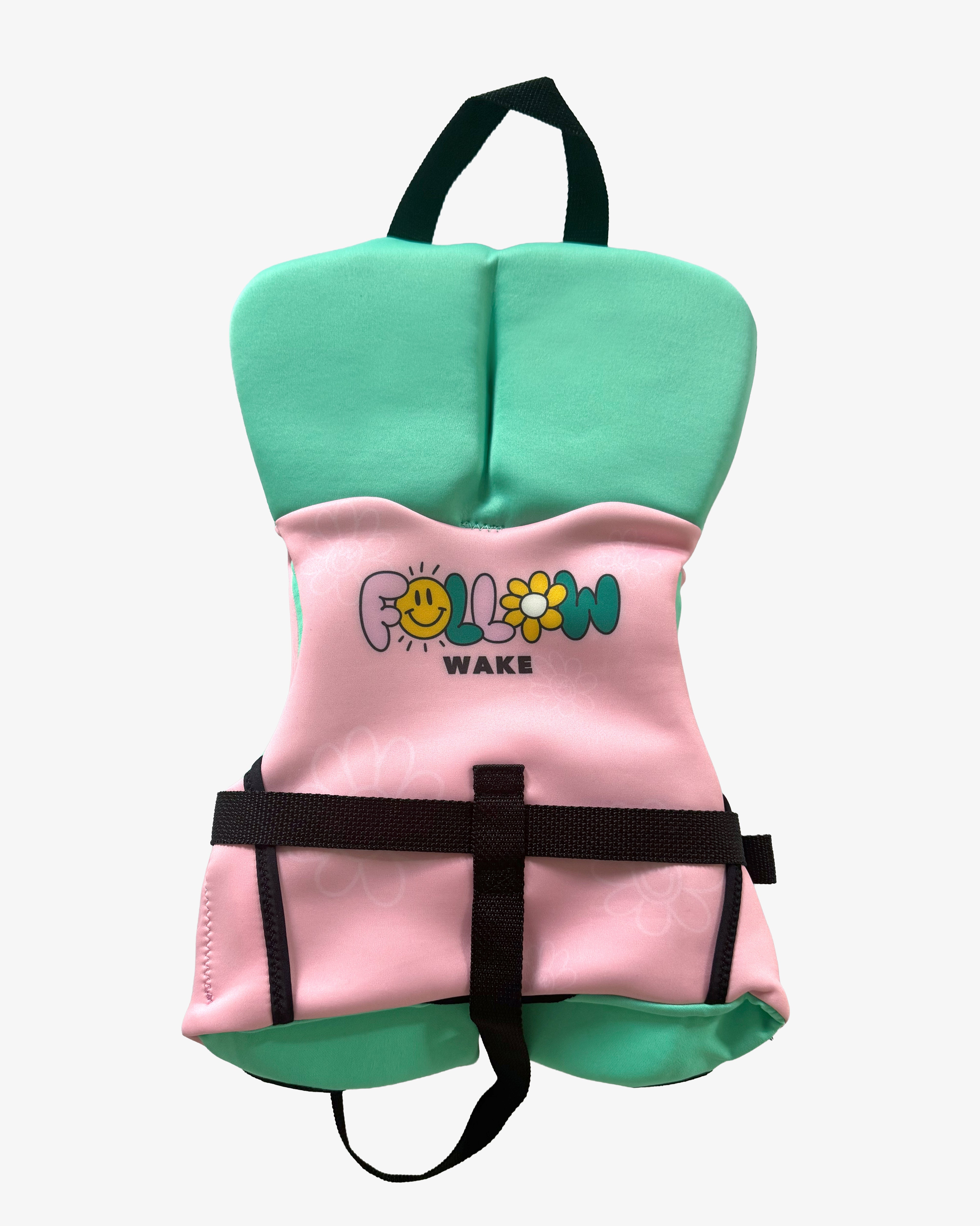 Pink and green life jacket with cartoon design on a white background
