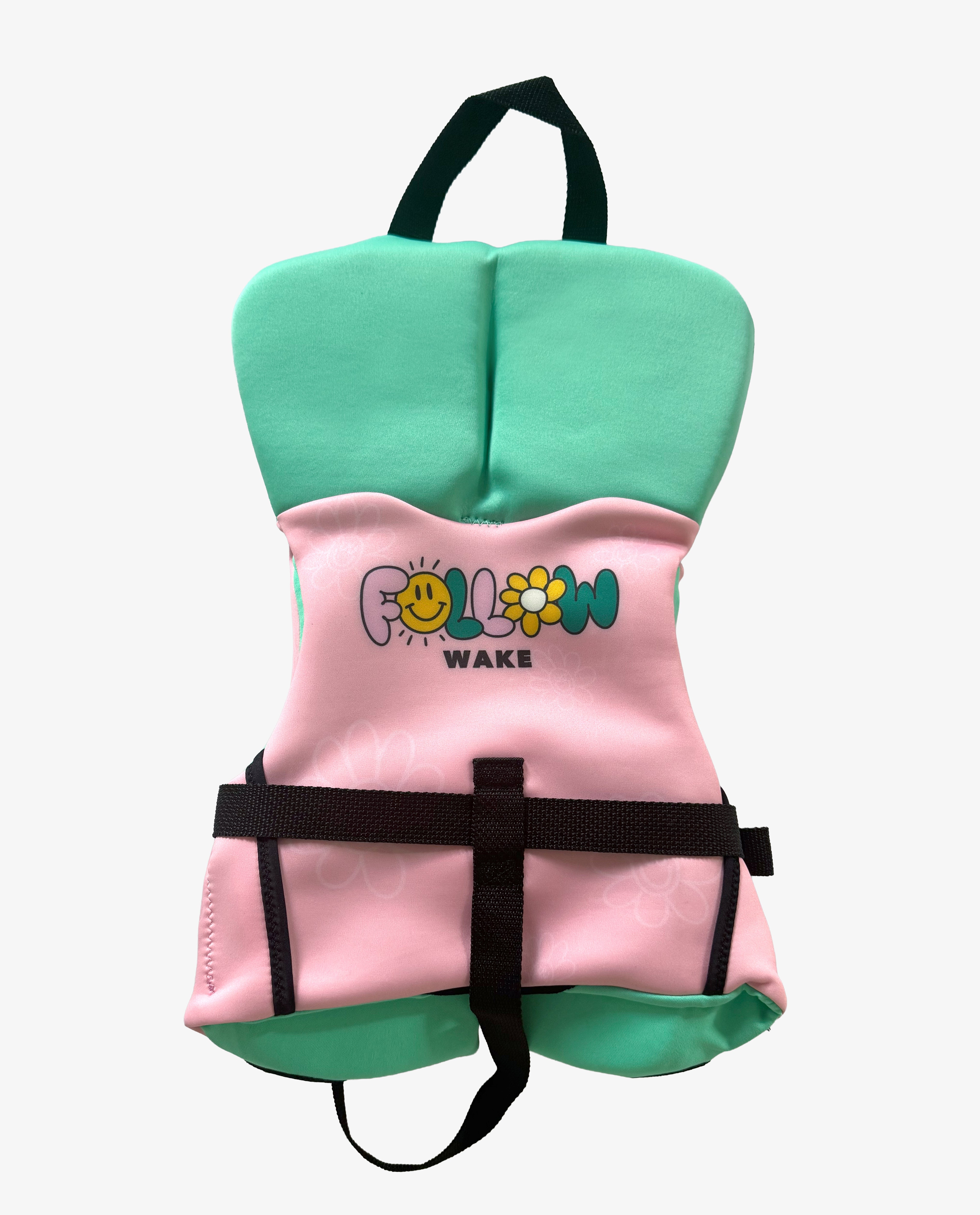Pink and green life jacket with cartoon design on a white background