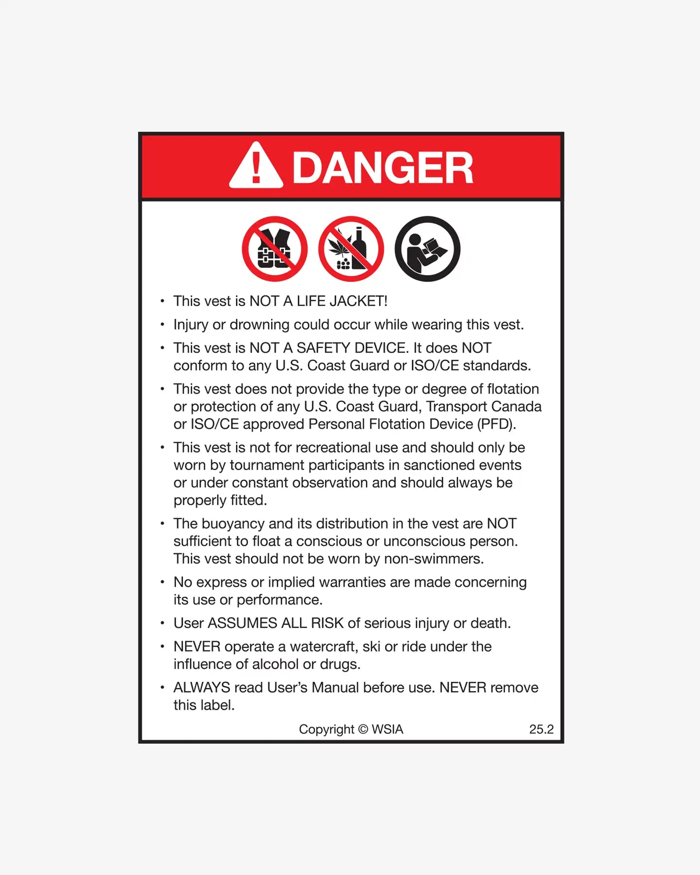 Impact Vest Warning Label - This is NOT A LIFE JACKET!